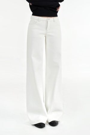 Mid-Low Waist Straight Leg Wide-Leg Stretchy White Jeans for Women - Trendy Y2K Style Denim Pants