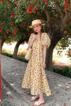 Midsummer Flower Garden U-Neck Short Sleeve Dress for Women - Vintage French Romantic Loose Puff Sleeve Summer Dress