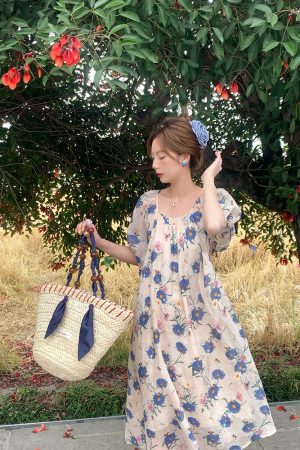 Midsummer Flower Garden U-Neck Short Sleeve Dress for Women - Vintage French Romantic Loose Puff Sleeve Summer Dress