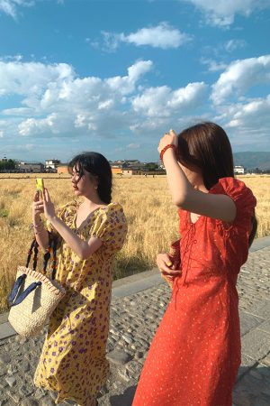 Midsummer Flower Garden U-Neck Short Sleeve Dress for Women - Vintage French Romantic Loose Puff Sleeve Summer Dress