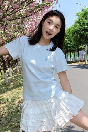 Milk Blue Slim Fit Shoulder-Strap T-Shirt for Women, Casual Summer Top, Short Sleeves, College Style, Trendy Versatile Fashion