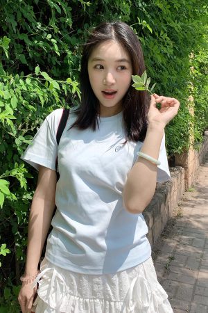 Milk Blue Slim Fit Shoulder-Strap T-Shirt for Women, Casual Summer Top, Short Sleeves, College Style, Trendy Versatile Fashion