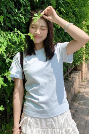 Milk Blue Slim Fit Shoulder-Strap T-Shirt for Women, Casual Summer Top, Short Sleeves, College Style, Trendy Versatile Fashion