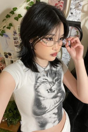 Milk Fierce Cat Graphic T-Shirt for Women, Cute Millennial Style, High-Waisted Summer Short Sleeve, Trendy Y2K Fashion