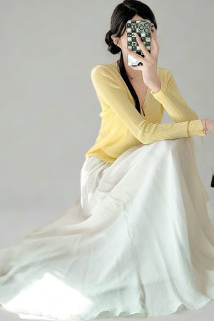 Milk White High-Waisted Swing Skirt, Cotton-Linen Blend, Wrinkle-Resistant, Floor-Length Drape for Women - 2025 Spring/Summer Fashion