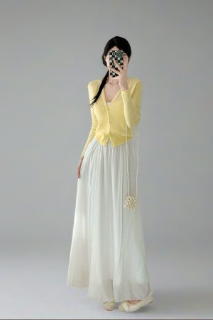 Milk White High-Waisted Swing Skirt, Cotton-Linen Blend, Wrinkle-Resistant, Floor-Length Drape for Women - 2025 Spring/Summer Fashion