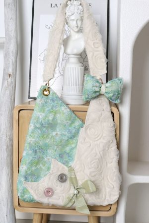 Mini Cute Chiffon Cat Underarm Bag - Spring Summer Green Daisy Crossbody Bag for Y2K Fashion Lovers