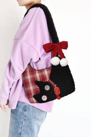 Mini Red Plaid Cat Bag for Women - Cute Underarm Crossbody Bag for New Year Good Luck & Destiny - Y2K Style