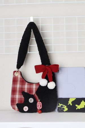 Mini Red Plaid Cat Bag for Women - Cute Underarm Crossbody Bag for New Year Good Luck & Destiny - Y2K Style