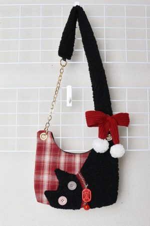 Mini Red Plaid Cat Bag for Women - Cute Underarm Crossbody Bag for New Year Good Luck & Destiny - Y2K Style