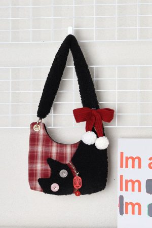 Mini Red Plaid Cat Bag for Women - Cute Underarm Crossbody Bag for New Year Good Luck & Destiny - Y2K Style