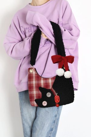 Mini Red Plaid Cat Bag for Women - Cute Underarm Crossbody Bag for New Year Good Luck & Destiny - Y2K Style