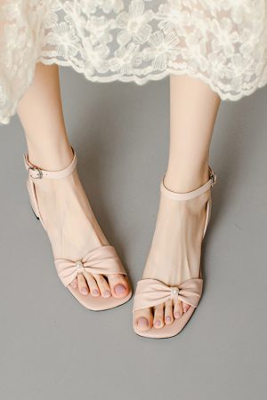 Minimalist Fairy Style Genuine Leather Open-Toe Mid-Heel Chunky Strap Sandals for Women - Summer 90s Inspired