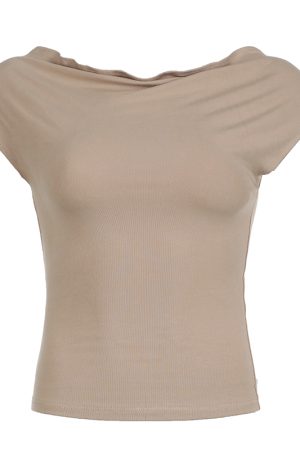 Minimalist French Solid Color Off-Shoulder Drop Shoulder T-Shirt for Women - High Elasticity One-Shoulder Pleated Waist Fashion Top