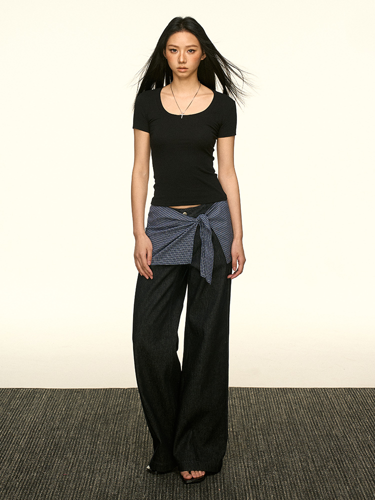 Minimalist Gray U-Neck Short Sleeve T-Shirt for Women - Summer Slim Fit Cropped Top, Waist-Defining Style, Perfect for Y2K Fashion Minimalist Gray U-Neck Short Sleeve T-Shirt for Women - Summer Slim Fit Cropped Top, Waist-Defining Style, Perfect for Y2K Fashion