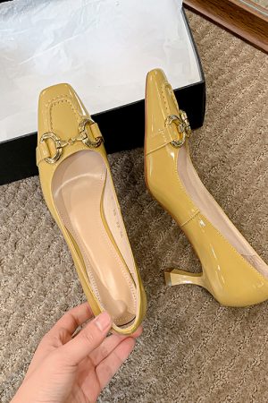 Minimalist Metal Buckle Square-Toe Kitten Heel High Heels in Sheepskin - Comfortable Italian Style Flats