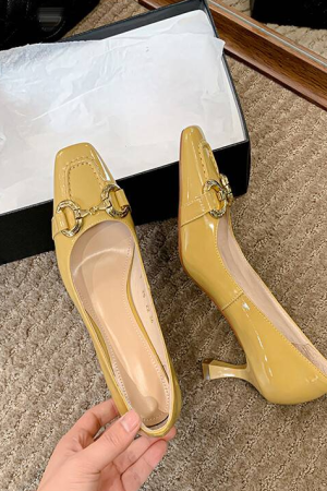 Minimalist Metal Buckle Square-Toe Kitten Heel High Heels in Sheepskin - Comfortable Italian Style Flats