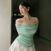 Minimalist One-Shoulder Top for Women, Slimming Pleated Short Sleeve Mesh T-Shirt in Fresh Solid Color, Y2K Style
