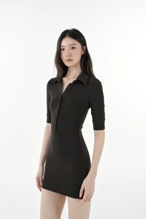 Minimalist Polo Collar Elastic Short-Sleeve Dress - Chic Casual Style for Effortless Elegance