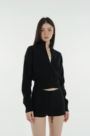 Minimalist Stand Collar Waist-Defining Long Sleeve Cardigan Jacket - Chic Layering Piece for Effortless Style