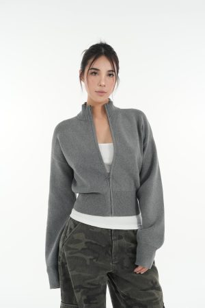 Minimalist Stand Collar Waist-Defining Long Sleeve Cardigan Jacket - Chic Layering Piece for Effortless Style