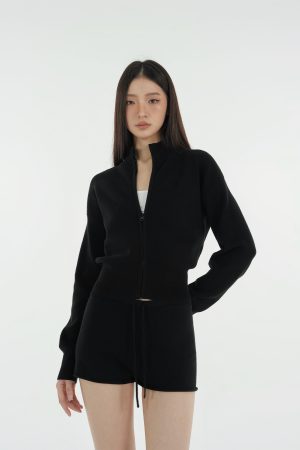 Minimalist Stand Collar Waist-Defining Long Sleeve Cardigan Jacket - Chic Layering Piece for Effortless Style