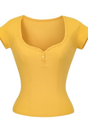 Minimalist Summer Slim-Fit Short Sleeve Henley T-Shirt for Women - Lightweight Fabric, Flattering Design, 90s Inspired