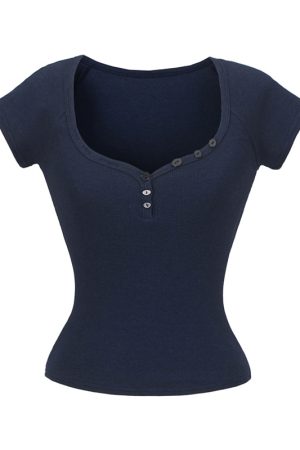 Minimalist Summer Slim-Fit Short Sleeve Henley T-Shirt for Women - Lightweight Fabric, Flattering Design, 90s Inspired