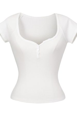 Minimalist Summer Slim-Fit Short Sleeve Henley T-Shirt for Women - Lightweight Fabric, Flattering Design, 90s Inspired