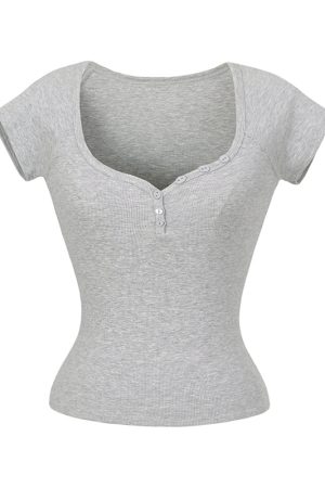 Minimalist Summer Slim-Fit Short Sleeve Henley T-Shirt for Women - Lightweight Fabric, Flattering Design, 90s Inspired