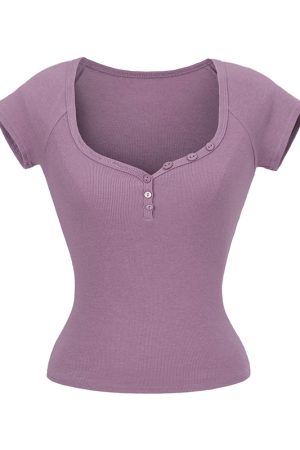 Minimalist Summer Slim-Fit Short Sleeve Henley T-Shirt for Women - Lightweight Fabric, Flattering Design, 90s Inspired