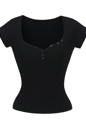 Minimalist Summer Slim-Fit Short Sleeve Henley T-Shirt for Women - Lightweight Fabric, Flattering Design, 90s Inspired