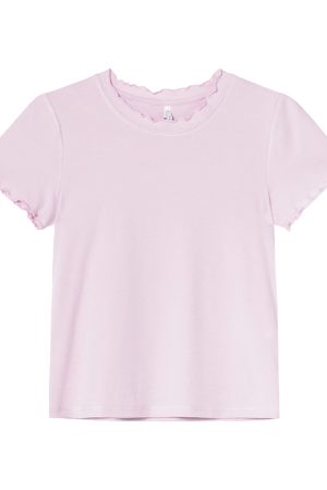 Minimalist Wave Edge Short Sleeve T-shirt for Women - Summer 2025 Solid Color Loose Fit Unique Top