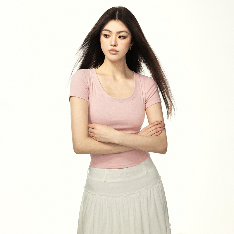 Minimalist White U-Neck Short Sleeve Cropped T-Shirt for Women - Summer Thin Slim Fit Pure Cotton Top Minimalist White U-Neck Short Sleeve Cropped T-Shirt for Women - Summer Thin Slim Fit Pure Cotton Top