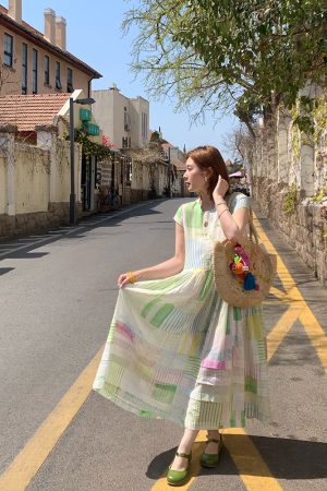 Mint Candy Retro Tencel Linen Vest Dress for Women - Summer Loose A-Line Long Skirt in Vintage Style