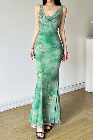 Mint Gradient Butterfly Strap Dress - Women's Fish Tail Long Skirt for Fresh Feel - Trendy Y2K Style