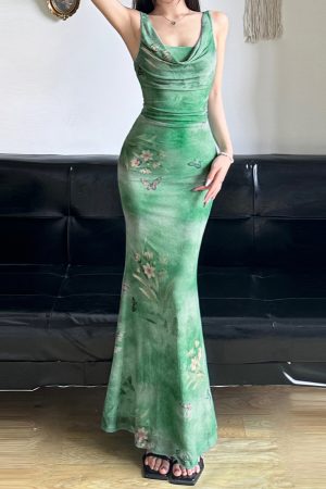 Mint Gradient Butterfly Strap Dress - Women's Fish Tail Long Skirt for Fresh Feel - Trendy Y2K Style