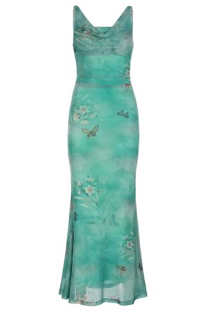 Mint Gradient Butterfly Strap Dress - Women's Fish Tail Long Skirt for Fresh Feel - Trendy Y2K Style