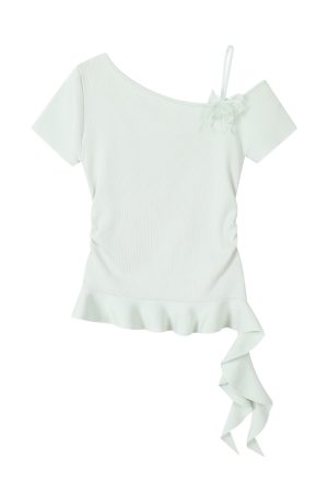 Mint Green Irregular Knitted T-shirt for Women - Unique Summer Design, Trendy Y2K Style Top