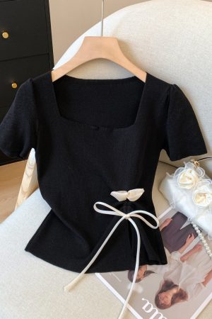 Mint Green Short Sleeve Top for Women, Summer Floral Design with Drawstring, 3D Flower Knitted Blouse, Trendy Korean Style.