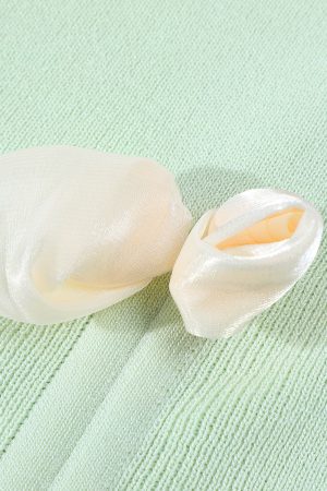 Mint Green Short Sleeve Top for Women, Summer Floral Design with Drawstring, 3D Flower Knitted Blouse, Trendy Korean Style.