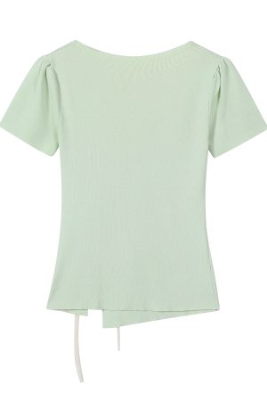 Mint Green Short Sleeve Top for Women, Summer Floral Design with Drawstring, 3D Flower Knitted Blouse, Trendy Korean Style.