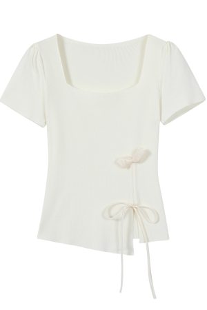 Mint Green Short Sleeve Top for Women, Summer Floral Design with Drawstring, 3D Flower Knitted Blouse, Trendy Korean Style.