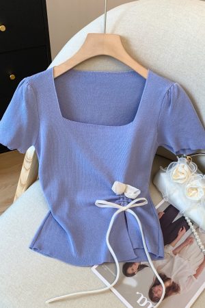 Mint Green Short Sleeve Top for Women, Summer Floral Design with Drawstring, 3D Flower Knitted Blouse, Trendy Korean Style.