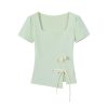 Mint Green Short Sleeve Top for Women, Summer Floral Design with Drawstring, 3D Flower Knitted Blouse, Trendy Korean Style.