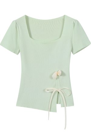 Mint Green Short Sleeve Top for Women, Summer Floral Design with Drawstring, 3D Flower Knitted Blouse, Trendy Korean Style.