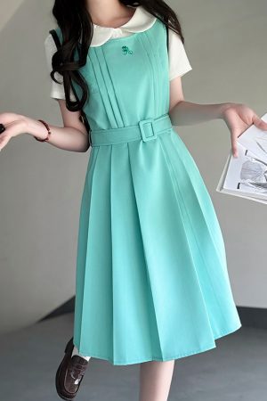 Mint Green Women's Suspender Dress - Pudding Bear Original JK Uniform, Waist-Defining Slimming Design, Sweet College Style Fashion