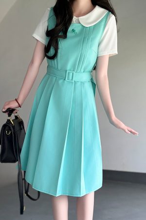Mint Green Women's Suspender Dress - Pudding Bear Original JK Uniform, Waist-Defining Slimming Design, Sweet College Style Fashion