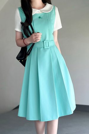 Mint Green Women's Suspender Dress - Pudding Bear Original JK Uniform, Waist-Defining Slimming Design, Sweet College Style Fashion
