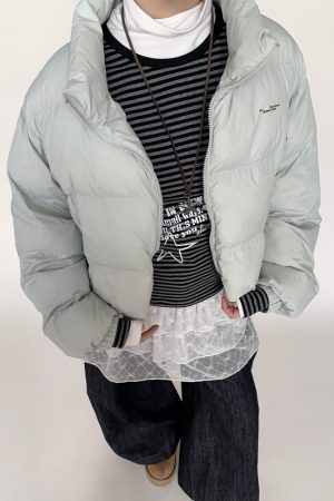 Mint Sea Salt Green Stand Collar Short Loose Versatile Puffer Jacket for Autumn Winter Fashion